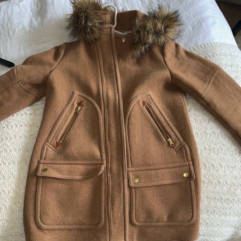 J. Crew Tan Pea Coat with Faux Fur Trim
